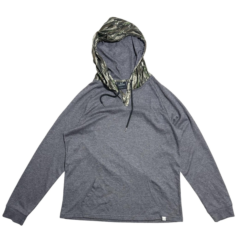 Realtree Hoodie Mens Large Gray Thermal Waffle Knit Camo Hood Pullover Hunting